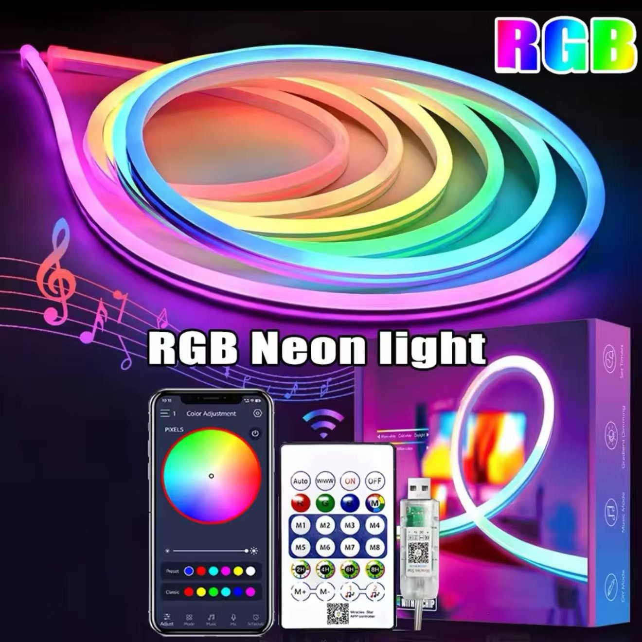 USB Neon Strip Light Waterproof RGBIC LED Tape Lamp 5M, Bluetooth Control USB Neon Strip Light Waterproof RGBIC LED Tape Lamp 5M, Bluetooth Control